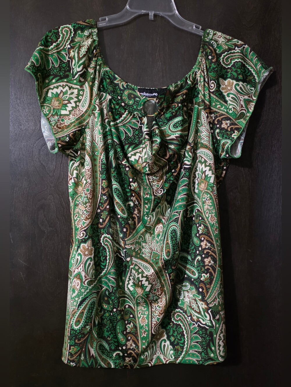 Paisley Scoop-Neck Blouse Top Green Cap Sleeve Lightweight Women's Size 1X